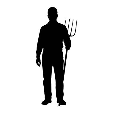 Bir adamın siyah silueti, sağ elinde bir dirgenle öne doğru bakıyor. O uzun kollu bir gömlek ve pantolon giyiyor. Arkaplan düz beyaz.