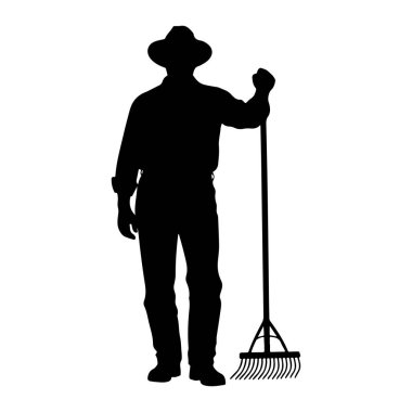 Şapka, gömlek, pantolon ve eldiven giyen birinin siyah silueti tırmık tutuyor. Tırmığın uzun bir sapı ve geniş, dişli bir kafası var. Şekil, düz beyaz bir arkaplana karşı tasvir edilir.