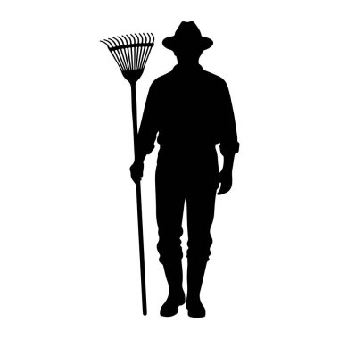 Şapka takan ve tırmık tutan birinin siyah silueti beyaz arka plana karşıdır. Şekil tepeden tırnağa tasvir ediliyor, tırmık bir elde tutuluyor. Siluet simsiyah, beyaz arkası ile tam bir kontrast oluşturuyor.