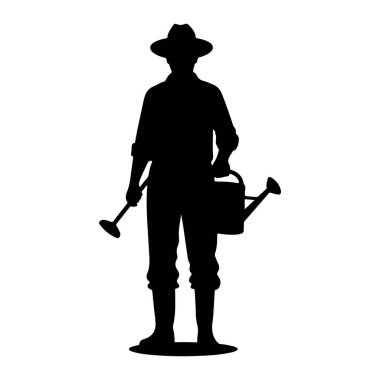 Şapka, gömlek, pantolon ve bot giyen birinin siyah silueti bir elinde su kovası, diğer elinde de bahçe aleti tutuyordu. Şekil beyaz bir arkaplan üzerinde tasvir edilir.