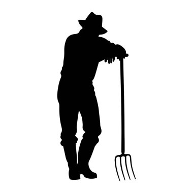 Şapka ve çizme giyen bir çiftçinin siyah silueti kolları dirgende duruyor. Şekil, kişinin ve aracın ana hatlarını vurgulayan düz beyaz bir arkaplan üzerinde resmedilir..