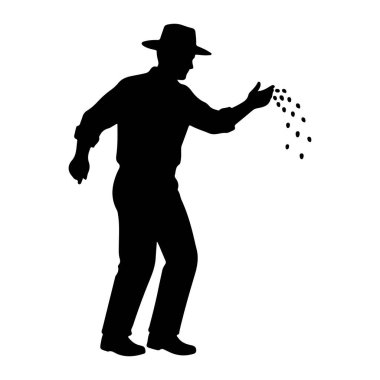 Yandan, şapka ve yakalı gömlek giyen bir kişinin siyah silueti gösteriliyor. Kişi, uzanan ellerinden küçük kara tohumlar saçma sürecinde. Tohumlar dağınık bir desen içinde düşerken tasvir ediliyor. Şekil... 