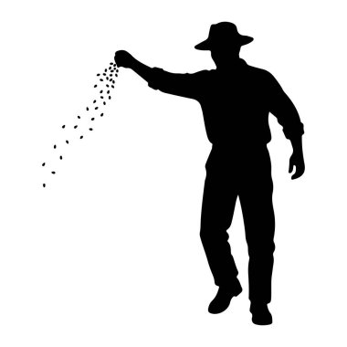 Şapka ve gömlek giyen bir çiftçinin siyah silueti, ellerinden saçılan tohumları gösteriyor. Tohumlar, elden dökülen ve geride kalan küçük siyah şekiller olarak tasvir edilir. Şekil hareket ediyor, tohum ekme eylemini gösteriyor. Arka taraf.