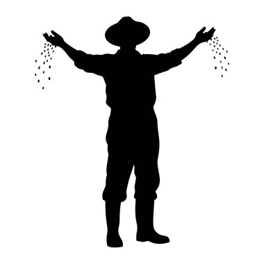 Şapka ve bot giyen bir çiftçinin siyah silueti kollarını açmış, ellerinden tohumları saçıyor. Tohumlar iki elinden düşen küçük koyu renkli oval olarak tasvir edilir. Arkaplan düz beyaz.