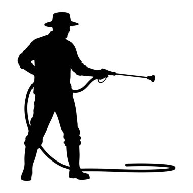 Şapka ve bot giyen, hortumla püskürtülmüş bir hortum tutan siyah bir siluet. Kişi bir şey püskürtme sürecinde gibi görünüyor. Görüntü basit, izole bir grafik gösterimidir..