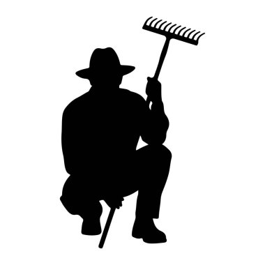 Şapka takan ve tırmık tutan bir kişinin siyah silueti beyaz bir arka plana doğru çömelmiş olarak gösterilir. Şekil, muhtemelen toprak hazırlayan ya da bir bahçeyle ilgilenen tarım işleriyle meşgul gibi görünüyor. Siluet sade ve basit., 