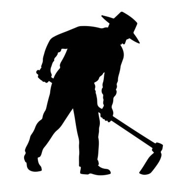 Şapka takan ve uzun kollu siyah bir çiftçinin silüeti belden aşşağıya doğru eğilip çapayla çalışırken resmedilir. Çapanın uzun bir sapı ve geniş bir bıçağı var ve çiftçinin elleri sapı kavrıyor. Şekil bir w üzerinde izole edilir.