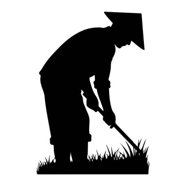 Konik şapka takan bir çiftçinin siyah silueti eğilmiş, bir tarlada çimleri biçmek için çapa kullanılıyor. Bu figür, elinde aletle ve altta görünen çimen yapraklarıyla profil ile resmedilir..