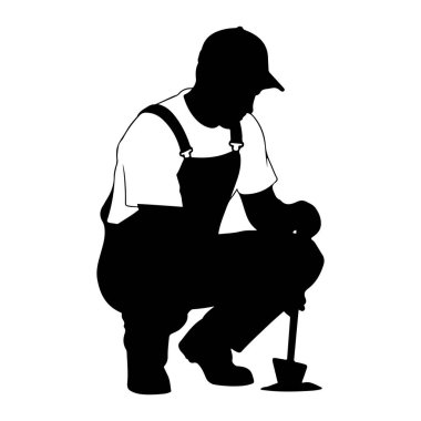 Tulum ve kep takmış, diz çöküp kürekle toprağı kazan birinin siyah silueti. Tulumun altına beyaz bir tişört giymiş. Resim, beyaz arkaplanı olan basit bir grafik çizimi..