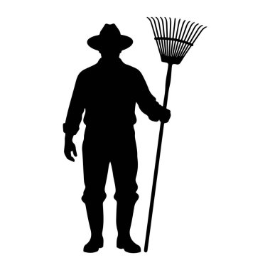 Şapka ve çizme giyen birinin siyah silueti tırmık tutuyor. Rakam, sağ ellerindeki tırmıkla öne bakıyor. Siluet beyaz bir arkaplanda izole edilmiş..