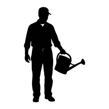 Şapka, gömlek, pantolon ve ayakkabı giyen bir adamın siyah silueti sağ elinde bir su kovası tutuyor. Sulama kabının sapı ve ağzı var. Şekil beyaz bir arkaplanda izole edilmiştir..