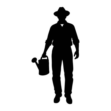 Şapka takan ve elinde su kovası tutan bir adamın siyah silueti beyaz arka planda duruyor. O, kollarını sıvayıp pantolon giyen yakalı bir gömlek giydi. Sulama kabı sol elinde..