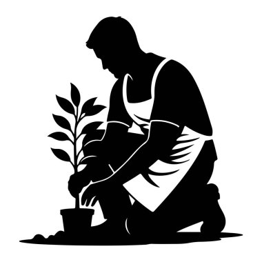 Önlük takan, çömelmiş ve çömleğe küçük bir tohum eken siyah bir siluet. Bitkinin bir gövdesi ve birkaç yaprağı var. Tencere bir toprak yığını üzerinde duruyor. Görüntü, bahçıvanlığın basit, grafik bir temsili..