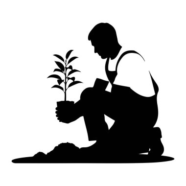 Tulum giyen birinin siyah silueti diz çöküp saksıda yaprakları olan küçük bir bitkiyi tutuyor. Önünde bir toprak yığını var. Tohumu onların ektiğini gösteriyor. Arkaplan düz beyaz.
