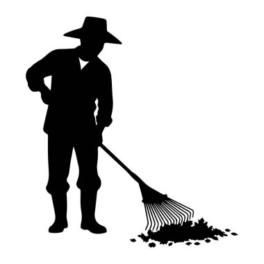 Geniş kenarlı şapka ve çizme giyen bir kişinin siyah silueti beyaz arka planda bir yığın yaprak tırmıklıyor. Kişi eğilir, tırmığı tutar ve yaprakları bir yığın halinde toplar. Görüntü basit bir grafik çizimi