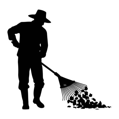 Şapka ve çizme giyen birinin siyah silueti düşen yaprakları tırmıklıyor. Şekil çerçevenin sol tarafında, tırmık ve yapraklar sağa doğru uzanıyor. Arka plan bembeyaz..