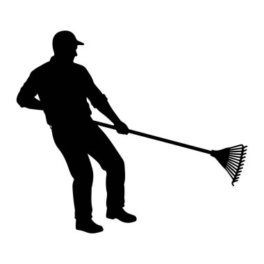 Şapka ve günlük giysiler giyen bir kişinin siyah silueti yandan tırmık tutarken resmedilir. Kişi hafifçe bükülür, kolları açılır, tırmık işindeymiş gibi görünür. Tırmığın sapı uzun ve yelpaze şeklinde.