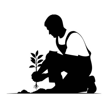 Tulum ve tişört giyen bir kişinin siyah silueti yere diz çöker ve dikkatlice toprağa kök salmış küçük bir tohumu yerleştirir. Şekil, bitki ve kök sisteminin açıkça betimlendiği göreve odaklanmıştır..