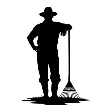 Şapka ve çizme giyen bir adamın siyah silueti çimlerin üzerinde duruyor, tırmığa yaslanıyor. Sol eli kalçasındaydı. Tırmık, dişleri yere saçılmış şekilde sağına doğru konumlandırılmış. Arkaplan beyaz.