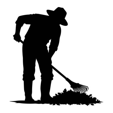 Şapka ve bot giyen birinin siyah silueti yaprak yığınını tırmıklıyor. Şekil eğilmiş, bir tırmık tutuyor ve yaprakları topluyor. Resim beyaz bir arkaplanda izole edilmiştir.