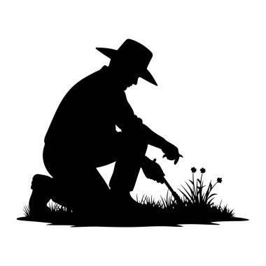 Geniş kenarlı şapka takan siyah bir siluet çimenlerin üzerinde diz çöker. Kişi elinde bir bahçe aleti tutuyor ve küçük bitki ve çiçeklerle ilgileniyor gibi görünüyor. Arkaplan beyaz.