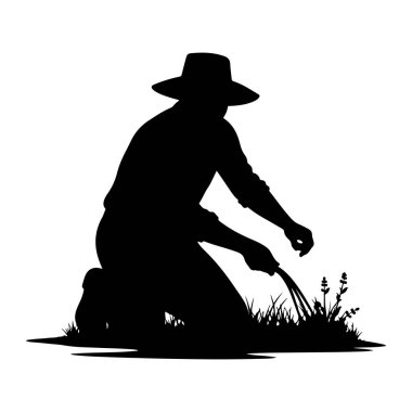 Çimenlerde diz çökmüş, geniş kenarlı bir şapka takan siyah bir bahçıvan silueti. Bahçıvan küçük bir bahçe aleti tutuyor, küçük bitki ve otlarla ilgileniyor gibi görünüyor. Görüntü, beyaz bir arkaplana karşı, vektör biçiminde temiz bir resimdir.