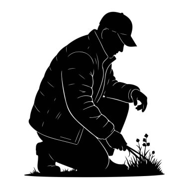 Siyah bir siluet. Çimlerin üzerinde diz çökmüş, kep ve ceket giyen biri. Kişi bir alet tutuyor ve küçük bitki ya da otlarla ilgileniyor gibi görünüyor. Görüntü, konteynırı vurgulayan beyaz çizgileri olan katıksız siyah beyaz bir illüstrasyondur.