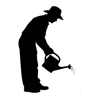Şapka takan ve elinde su kovası tutan siyah bir siluet. Kişi eğilir ve su dökerek su damlacıklarından görünür hale gelir. Şekil beyaz bir arkaplanda izole edilmiştir..