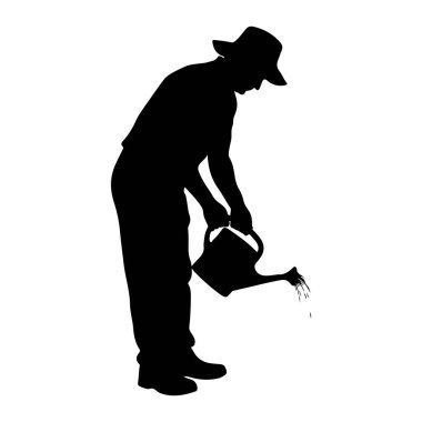 Şapka ve tulum giyen birinin siyah silueti eğilmiş, elinde bir su kovası tutuyordu. Su, sulama kutusundan filizlenerek su fışkırtıyor ve sıçrama etkisi yaratıyor. Şekil, düz beyaz bir arkaplanda izole edilmiştir..