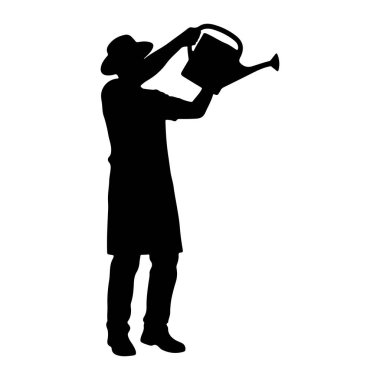 Şapka ve önlük takan, elinde su kovası tutan ve suya doğru eğilen siyah bir siluet. Şekil ayakta duruyor ve bahçıvanlıkla meşgul gibi görünüyor..