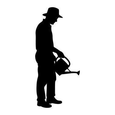 Şapka takan ve elinde su kovası tutan siyah bir siluet. Ayakta duran ve başını eğmiş bir şeyi suluyor gibi görünen kişi. Resim beyaz bir arkaplanda izole edilmiştir.