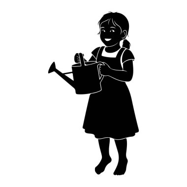 Siyah bir siluet genç bir kız ayakta ve elinde bir su bidonu tutuyor. O bir elbise giyiyor ve gülümsüyor gibi görünüyor. Resim, beyaz arkaplan ile basit bir illüstrasyondur..