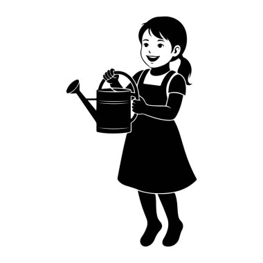 Elbise ve çorapların üzerine önlük giymiş at kuyruklu genç bir kızın siyah-beyaz çizimi. Gülümsüyor ve iki eliyle su dolu bir teneke tutuyor, bitkileri sulamaya hazır görünüyor. Görüntü basit ve temiz bir grafiktir.