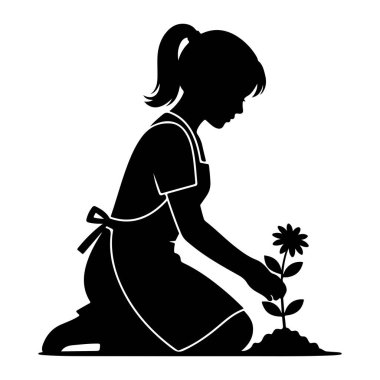 Önlük takmış, diz çöküp toprak yığınından büyüyen küçük bir çiçek bitkisine bakan at kuyruklu siyah bir kız silueti. Görüntü, beyaz bir arkaplan karşısında temiz ve basit bir örnektir..