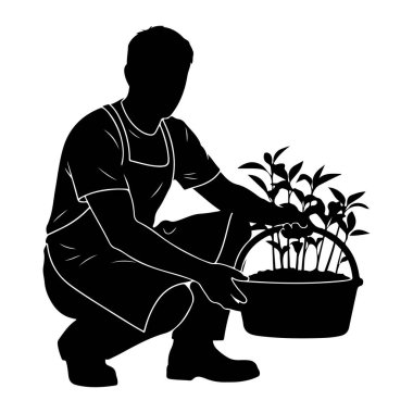 Önlük takan birinin siyah silueti genç bitkiler ve toprakla dolu bir sepetin yanında diz çöküyor. Elleri bitkilerin yanında, bu da onlara baktığını gösteriyor. Görüntü siyah-beyaz ve beyaz ana hatları def