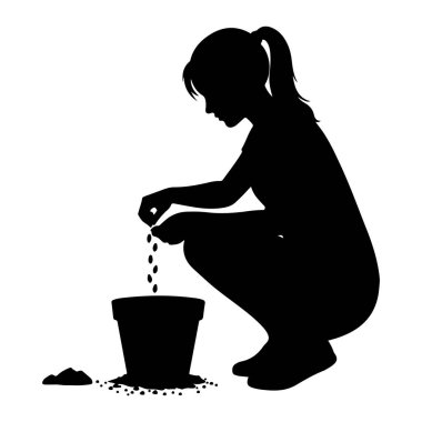 Çömelmiş bir çömelmiş, çömelmiş bir çömleğe tohum eken siyah bir kız silueti. Tohumları elinde tutuyor ve çömleğin içine atıyor. Toprakla çevrili olan çömleğin içine. Resim beyaz bir arkaplanda izole edilmiştir.