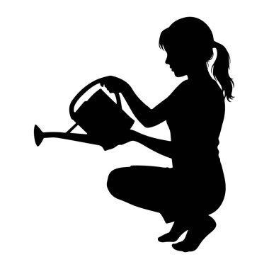 Çömelmiş ve elinde bir su bidonu tutan siyah bir kız silueti. Konserve kutusundan sıvı döküyor, bitkileri suladığını gösteriyor. Görüntü beyaz arkaplanda basit ve temiz bir grafiktir..