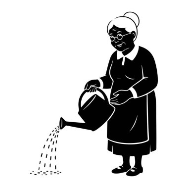 Siyah ve beyaz bir illüstrasyonda, saçları topuz şeklinde, gözlük takan ve yaka ve önlüklü bir elbise giyen yaşlı bir kadın tasvir ediliyor. Sağ eliyle bir su kovası tutuyor ve ağzından su döküyor. Su küçük tarafından temsil edilir.