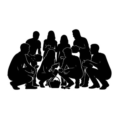 Bir grup insan bir sepet etrafında toplanmış siyah siluetler olarak tasvir ediliyor. Bazıları ayakta dururken, bazıları çömeliyor. Sepetin içindekilerle ilgili bir etkinliğe katılmış gibi görünüyorlar, dikkatleri aşağıda.