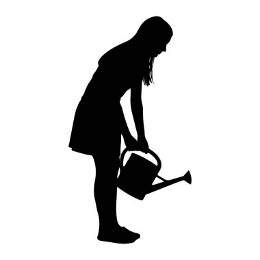 Siyah bir siluet. Uzun saçlı, eğik bir kız. Elinde bir su kovası var ve içinden dökülüyor. Şekil beyaz bir arkaplanda izole edilmiştir..