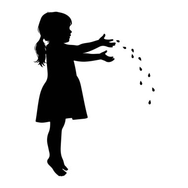 Saçları at kuyruğu olan, elleri açık, kolları açık, siyah bir kız silueti. Küçük, karanlık, gözyaşı şeklindeki nesneleri fırlatma sürecinde. Muhtemelen tohumlar etrafa saçılıyor.