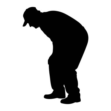 Şapka takan bir adamın siyah bir silueti, yere bakar gibi başını eğerek eğilmiş şekilde tasvir edilir. Şekil beyaz bir arkaplanda izole edilmiştir..