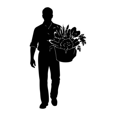 Taze meyvelerle dolu bir sepeti taşırken yürüyen siyah bir siluet. Sepette karnabahar, marul, maydanoz, mısır ve buğday sapları gibi şeyler yer alıyor. Belden aşağısı gömlek ve pantolon giymiş bir adam tasvir ediliyor.