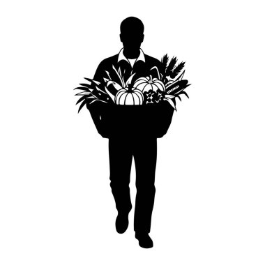 Elinde çeşitli ürünlerle dolu büyük bir sepet taşıyan bir adamın siyah silueti. Görünür öğeler arasında balkabakları, kabaklar, mısır sapları, buğday sapları ve yapraklı yeşillikler yer alıyor. Adam yakalı bir gömlek ve pantolon giyiyor. Görüntü...