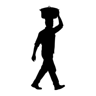 Kafasında büyük bir demlik taşıyan bir adamın siyah silueti. O uzun kollu bir gömlek ve pantolon giyiyor. Resim beyaz bir arkaplanda izole edilmiştir.