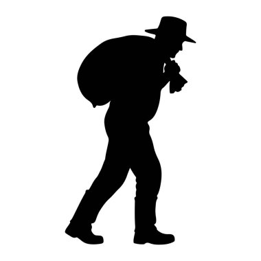 Şapka ve bot giyen bir adamın siyah silueti yürürken resmedilir. Sol omzunda büyük bir çuval ya da çanta taşıyor. Şekil beyaz bir arkaplanda izole edilmiştir..