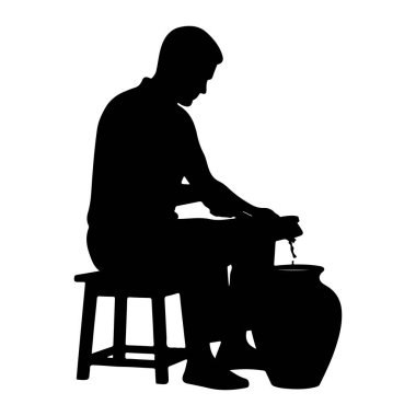 Taburede oturan, büyük bir çömleği şekillendirmeye odaklanmış siyah bir siluet. Elleri aktif olarak kille çalışıyor ve su tencereye damlıyor. Arka plan bembeyaz, aksiyonu ve konuyu vurguluyor..