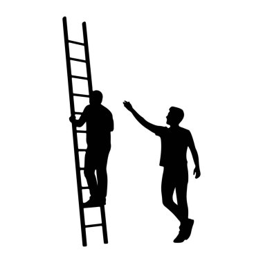 Uzun bir merdivene tırmanan siyah bir siluet. Başka bir adam merdivenin yanında duruyor, sanki tırmanıcıya yardım eder ya da rehberlik eder gibi elini uzatıyor. Sahne, düz beyaz bir arkaplanda resmedilmiş..