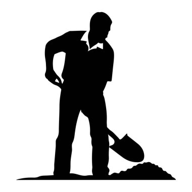 Siyah bir adam silueti, bir kürekle toprak yığınını kazarken resmedilmiş. Adam yakalı bir gömlek ve pantolon giyiyor. Kürek kısmen toprağa gömülmüş, ve adamın duruşu gösteriyor ki, küreği kaldırma ya da hareket ettirme...