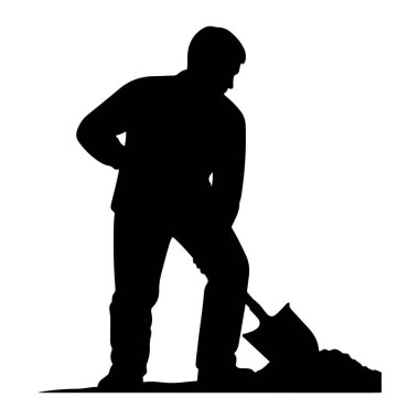 Siyah bir adam silueti, bir kürekle toprak yığınını kazarken resmedilmiş. Günlük giysiler giyiyor ve işine odaklanmış gibi görünüyor. Görüntü, beyaz arkaplana karşı temiz ve grafik bir resimdir..